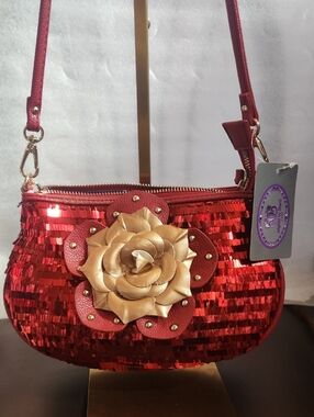 Sharif Red Sequin Crossbody Bag w/ Gold Flower And Chain Accent *Call Outs*
